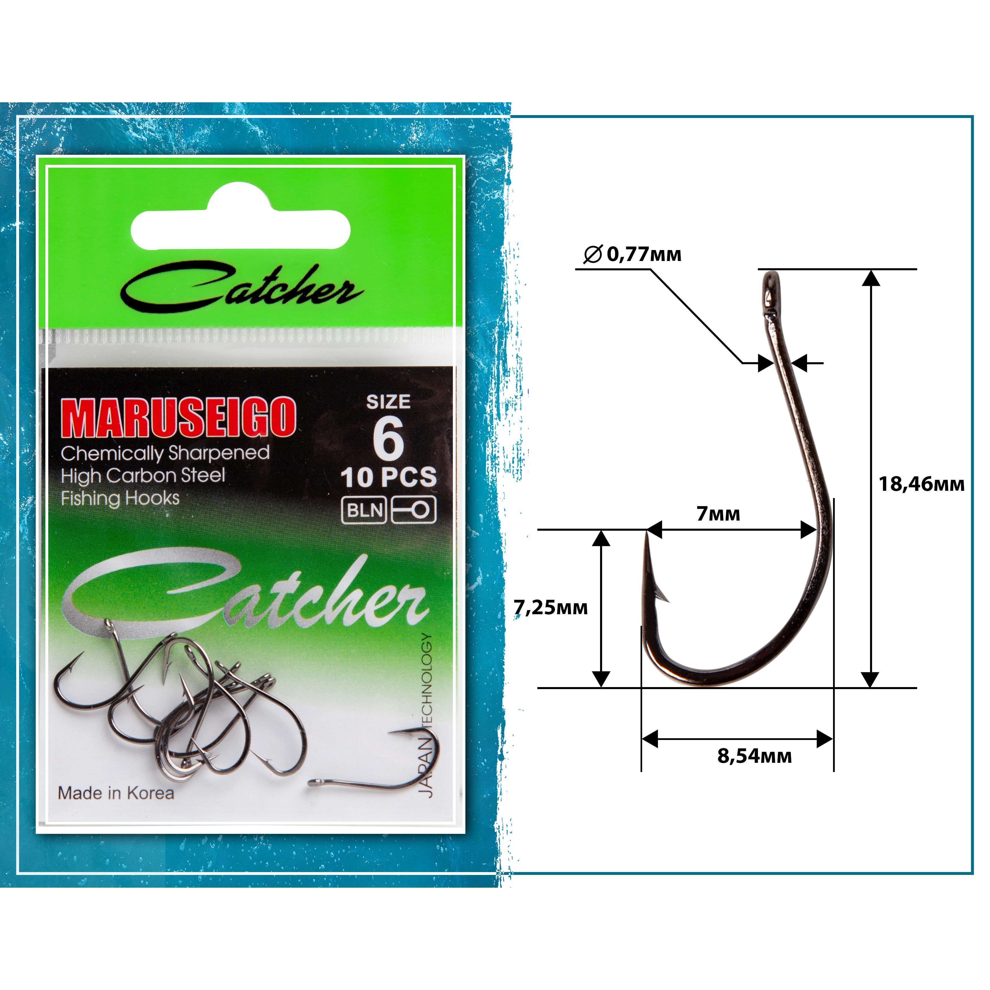 

Одинарные крючки Catcher Chod Hook №6 BN, с колечком, прямое острие, с бородкой, Черный, MARUSEIGO