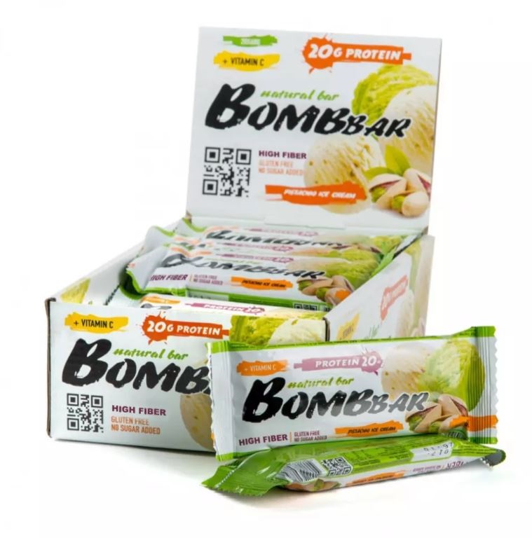 фото Bombbar протеиновые батончики bombbar 60 г, 20 шт, вкус: фисташковый пломбир