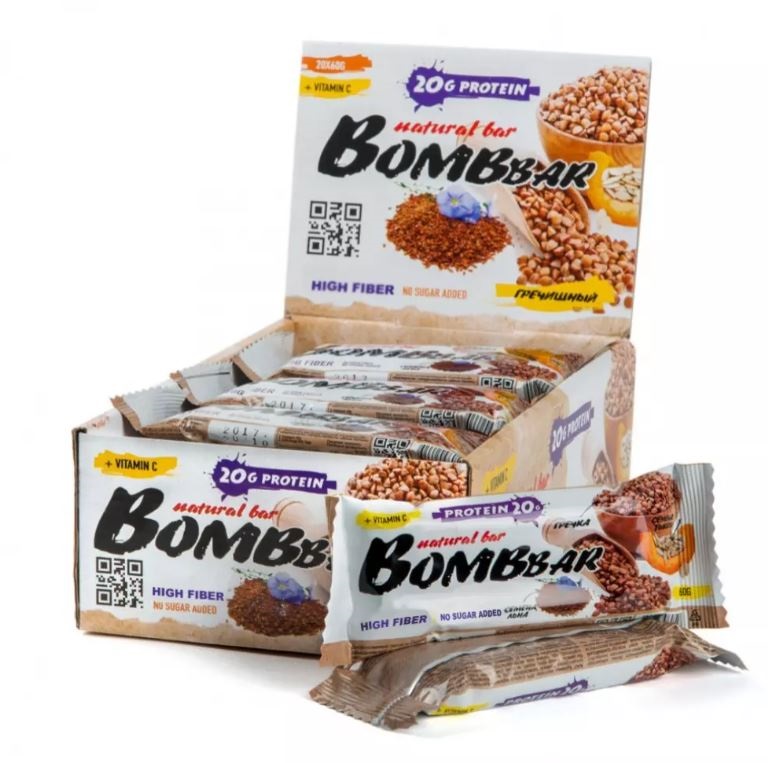 

BOMBBAR Злаковые протеиновые батончики Bombbar 60 г, 20 шт, вкус: гречишный