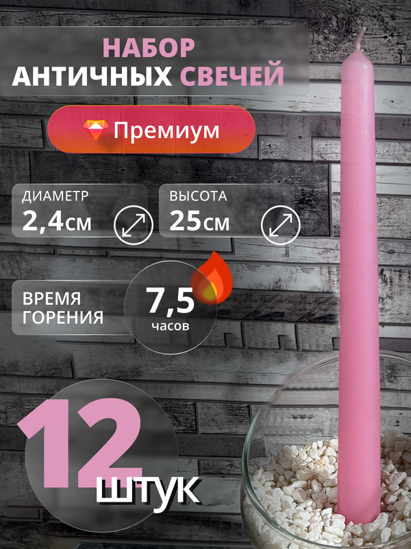 

Античные свечи МАГИЯ УЮТА в наборе 12 штук, розовый, Античка цветная ОС