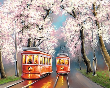 Картина по номерам Цветной мир ярких идей Романтика весенних трамваев MG2418