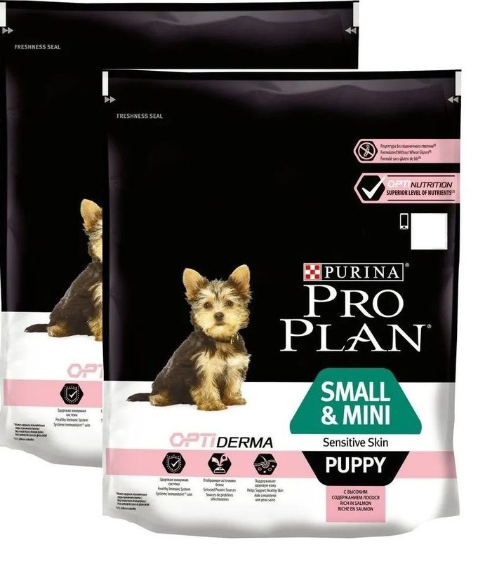 фото Сухой корм purina pro plan для щенков мелких пород с чувствительной кожей, лосось, 2х700гр