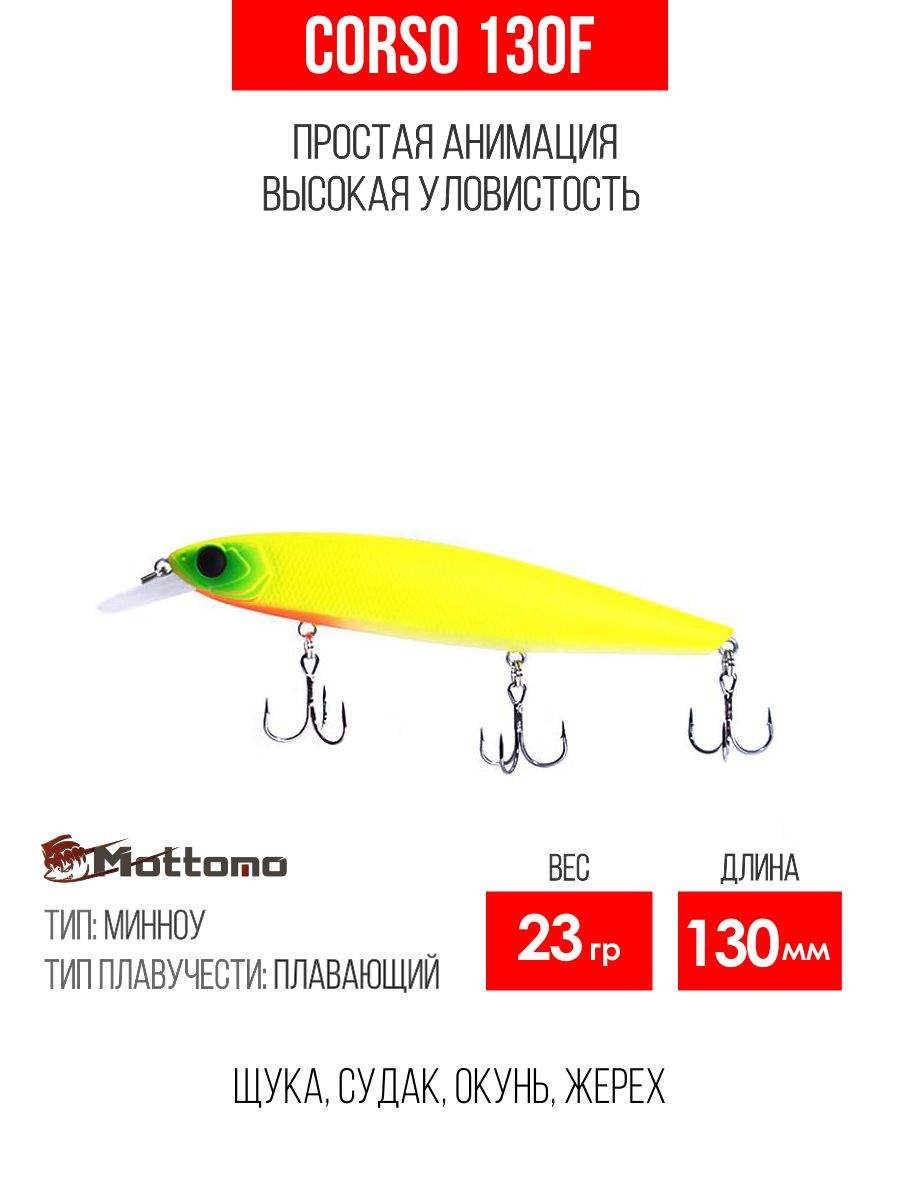 

Воблер Mottomo Corso 130F 23g Chart Yellow, Разноцветный, Corso