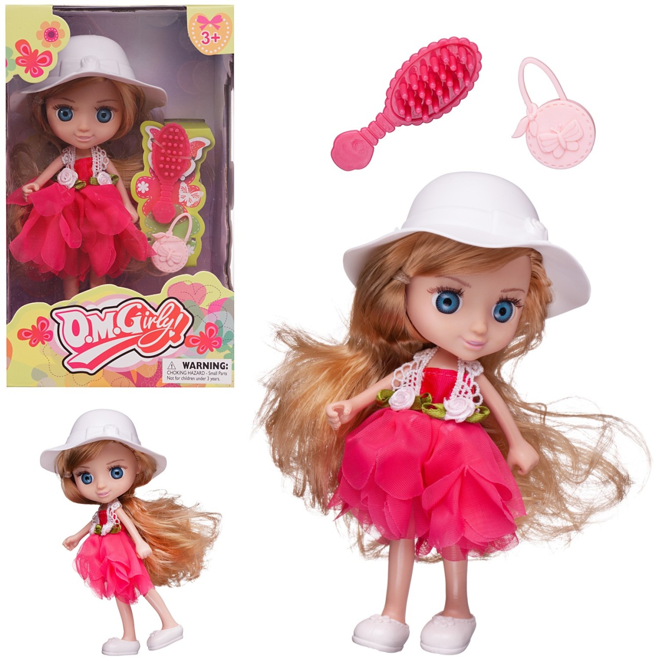 Кукла ABtoys Цветочная фантазия в платье и белой шляпке 16,5 см 65006/ярко-розовое