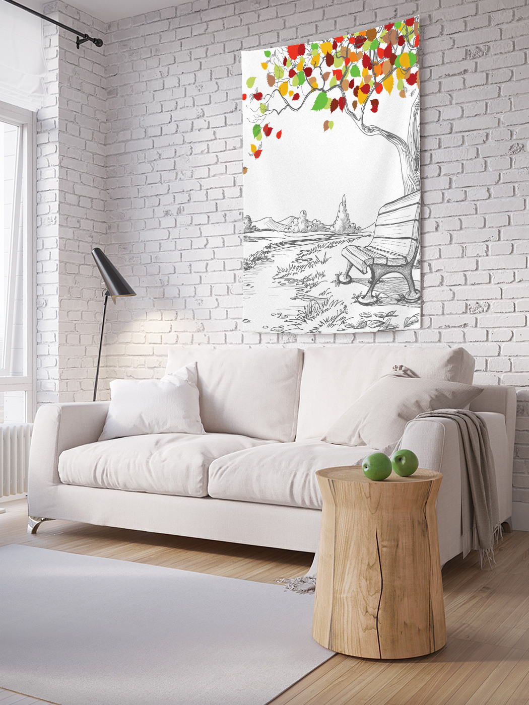 фото Вертикальное фотопанно на стену joyarty "нарисованная скамейка и дерево", 150x200 см