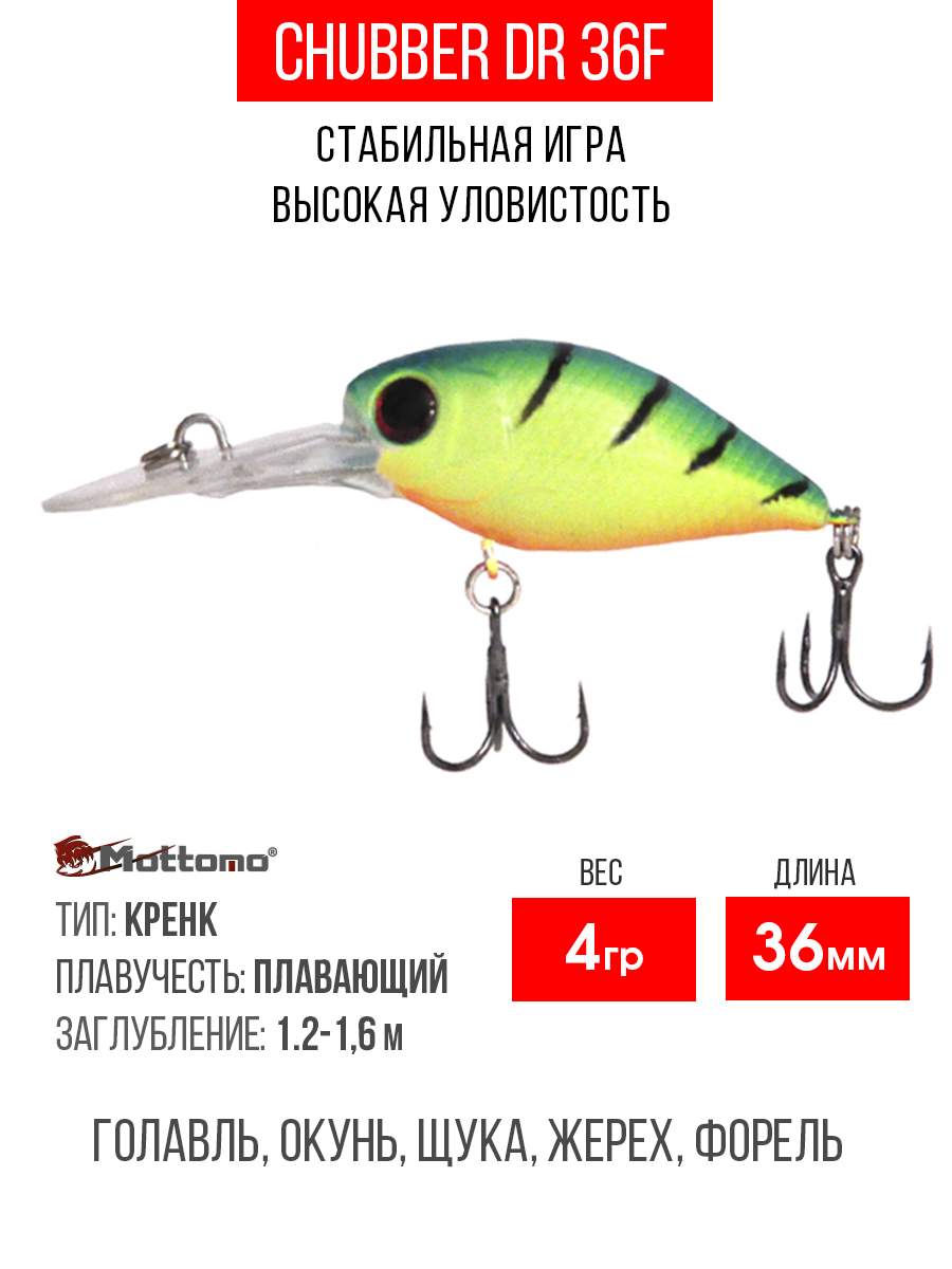 

Воблер Mottomo Chubber DR 36F 4g Lime Tiger, Разноцветный, Chubber DR