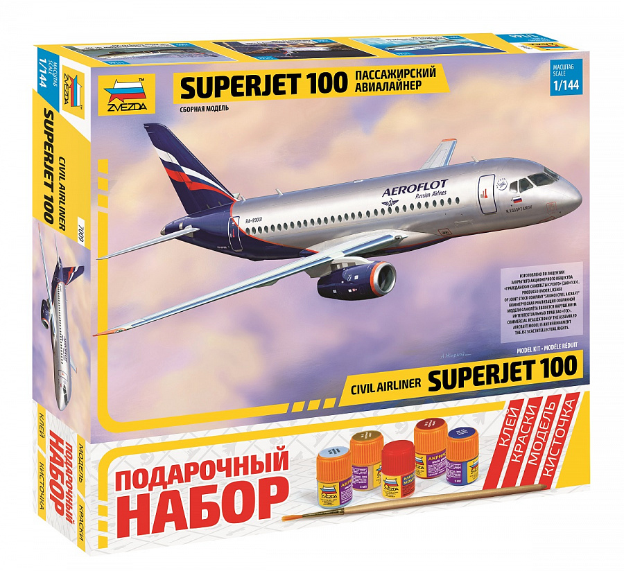 Купить Пассажирский авиалайнер Суперджет 100, Модель для сборки Zvezda Самолет СуперДжет-100 с подарочным набором 7009ПН,