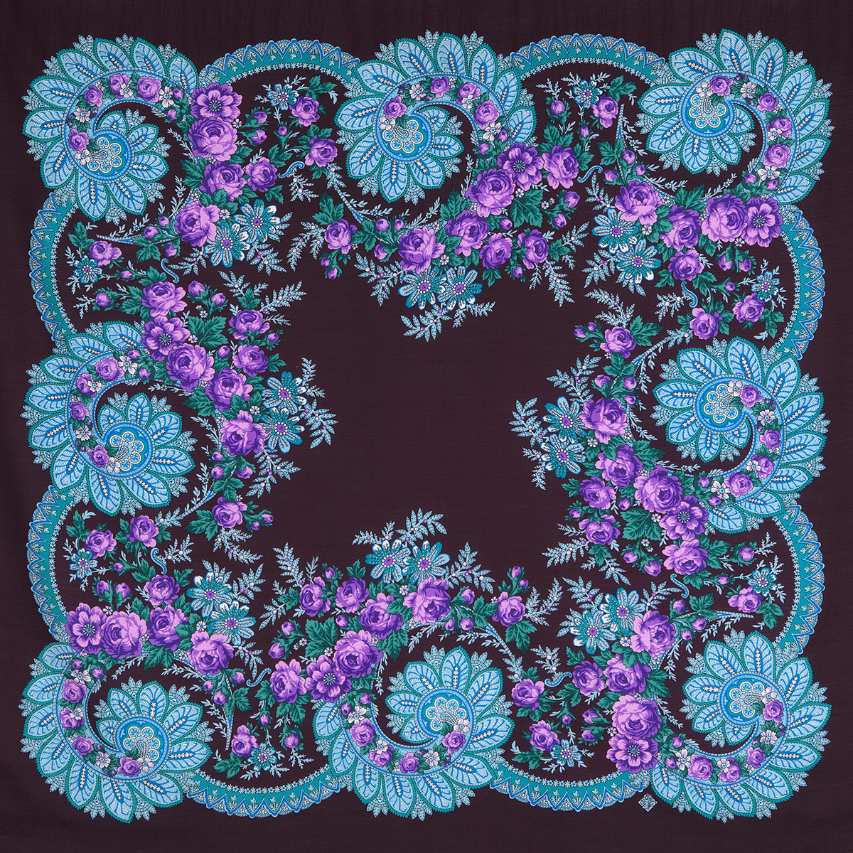 Платок женский Павловопосадский платок 1699 шоколадный/фиолетовый/бирюзовый, 110х110 см