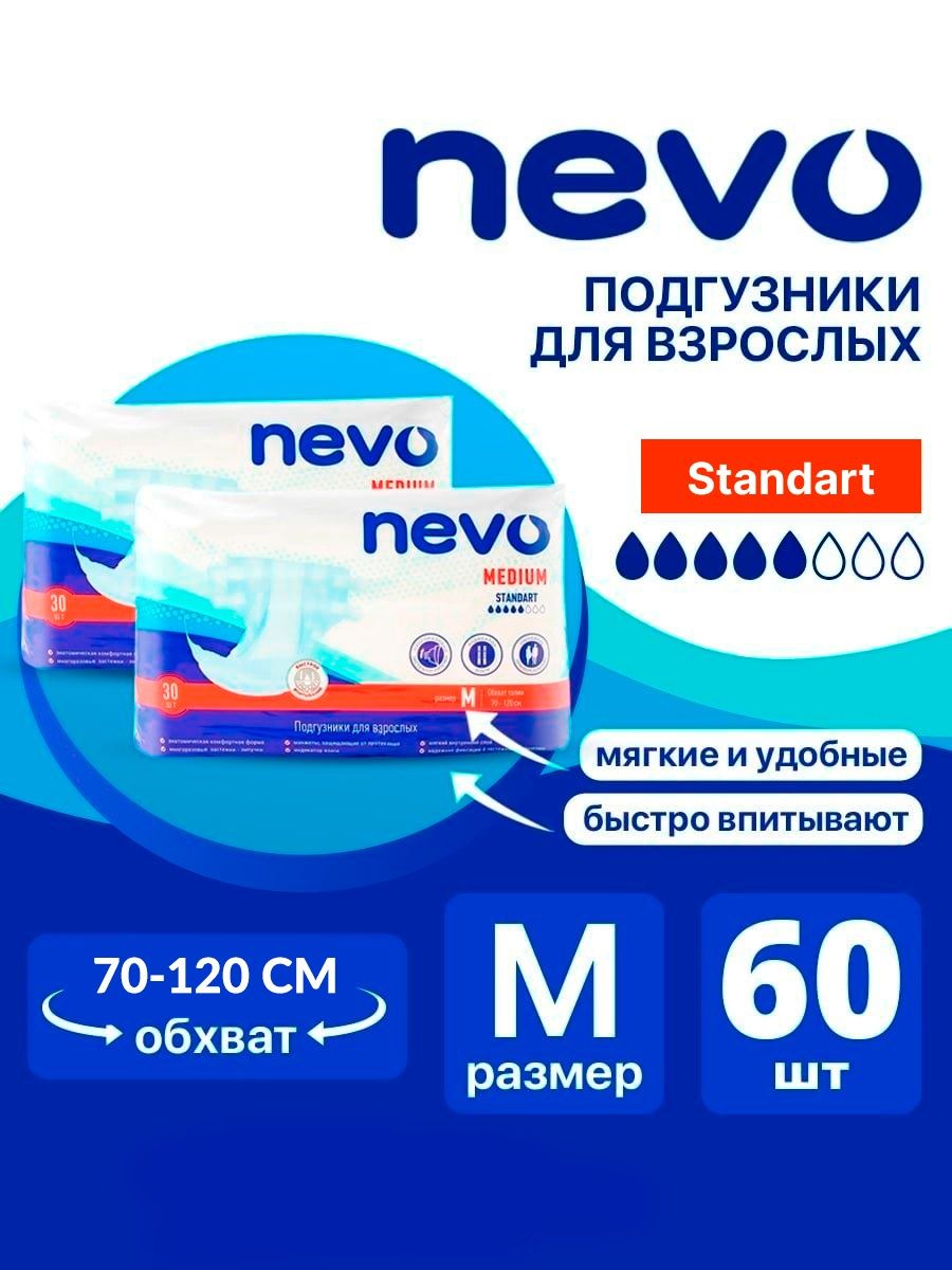 

Подгузники для взрослых NEVO Standart, размер M, 60 шт, 2 уп по 30 шт, 2037713699625
