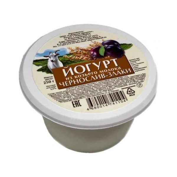 

Йогурт Сибирские продукты чернослив-злаки, из козьего молока, 3,5%, 250 г