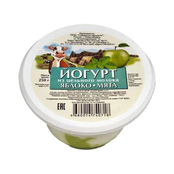 

Йогурт Сибирские продукты яблоко-мята, из цельного молока, 3,2%, 250 г