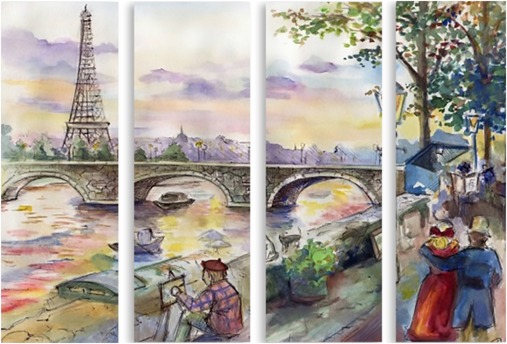 

Картина модульная на холсте Модулка Нарисованный Париж 150x29 см, 5198