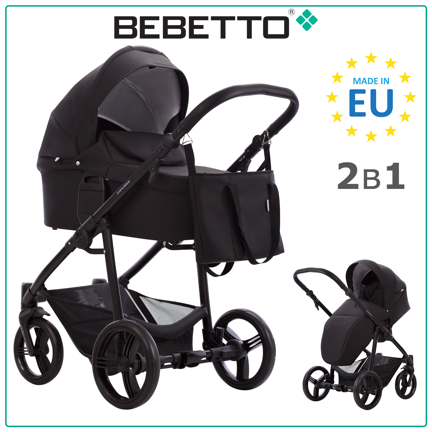 Детская коляска 2 в 1 Bebetto Explorer AIR 07, рама черная