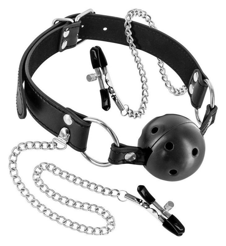 фото Жесткий шар-кляп с зажимами для сосков fetish tentation