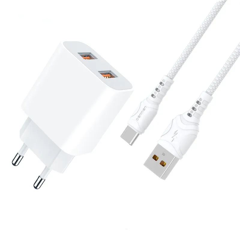 фото Зарядное устройство denmen: блок 2 выхода usb 2.4a 12w + провод usb type-c 2.4a 1 м, белый