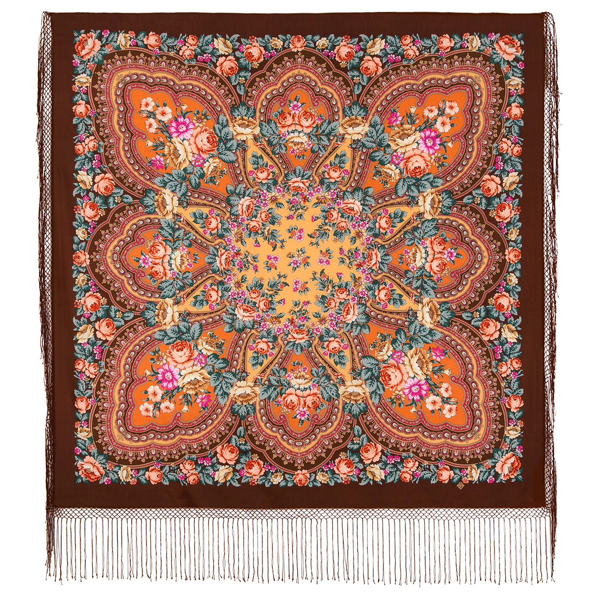Платок женский Павловопосадский платок 341 коричневый, 148х148 см