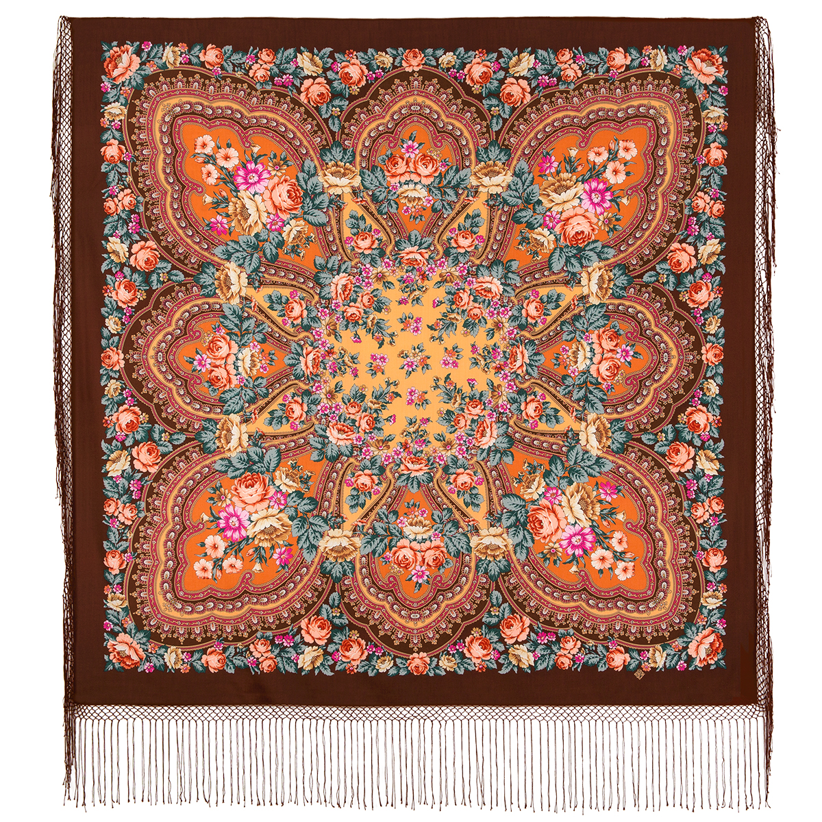 Платок женский Павловопосадский платок 341 коричневый, 148х148 см