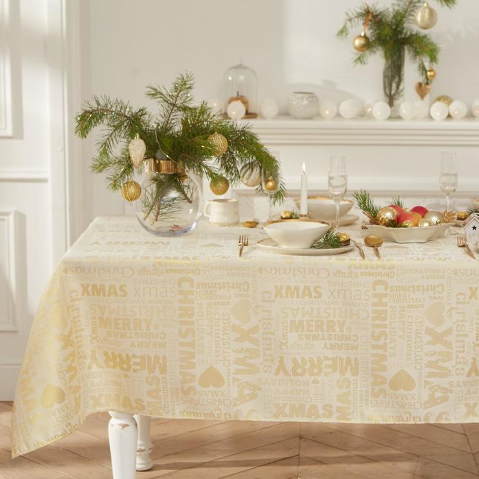 

Скатерть Этель Новый год: Merry xmas золотой, 142x220 /-3 , 115 ±10 гр, 100% п/э
