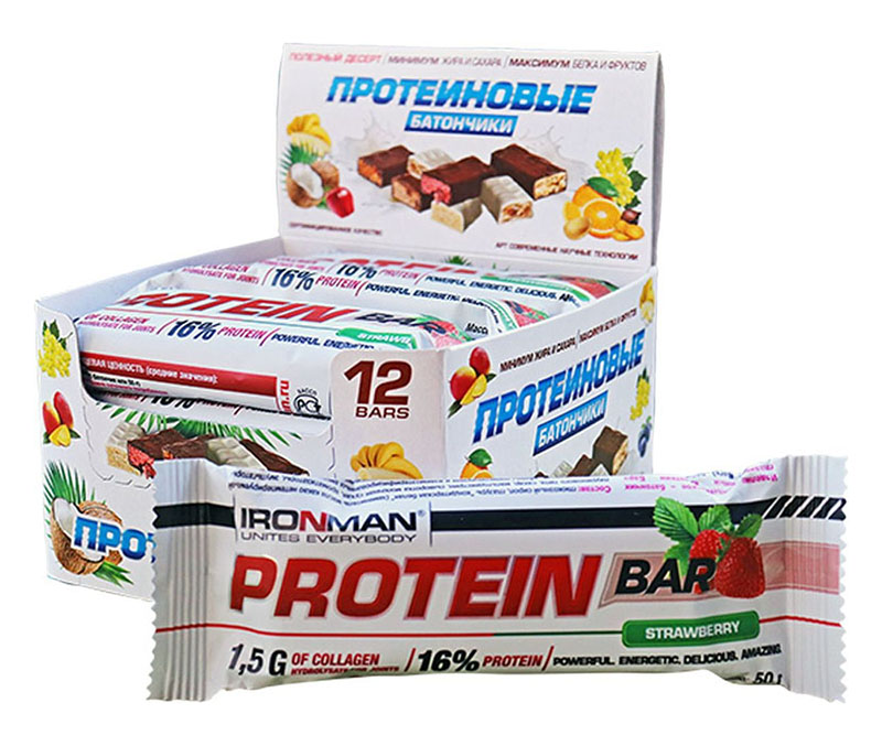 фото Батончик protein bar 12*50 г - клубника-белая глазурь ironman