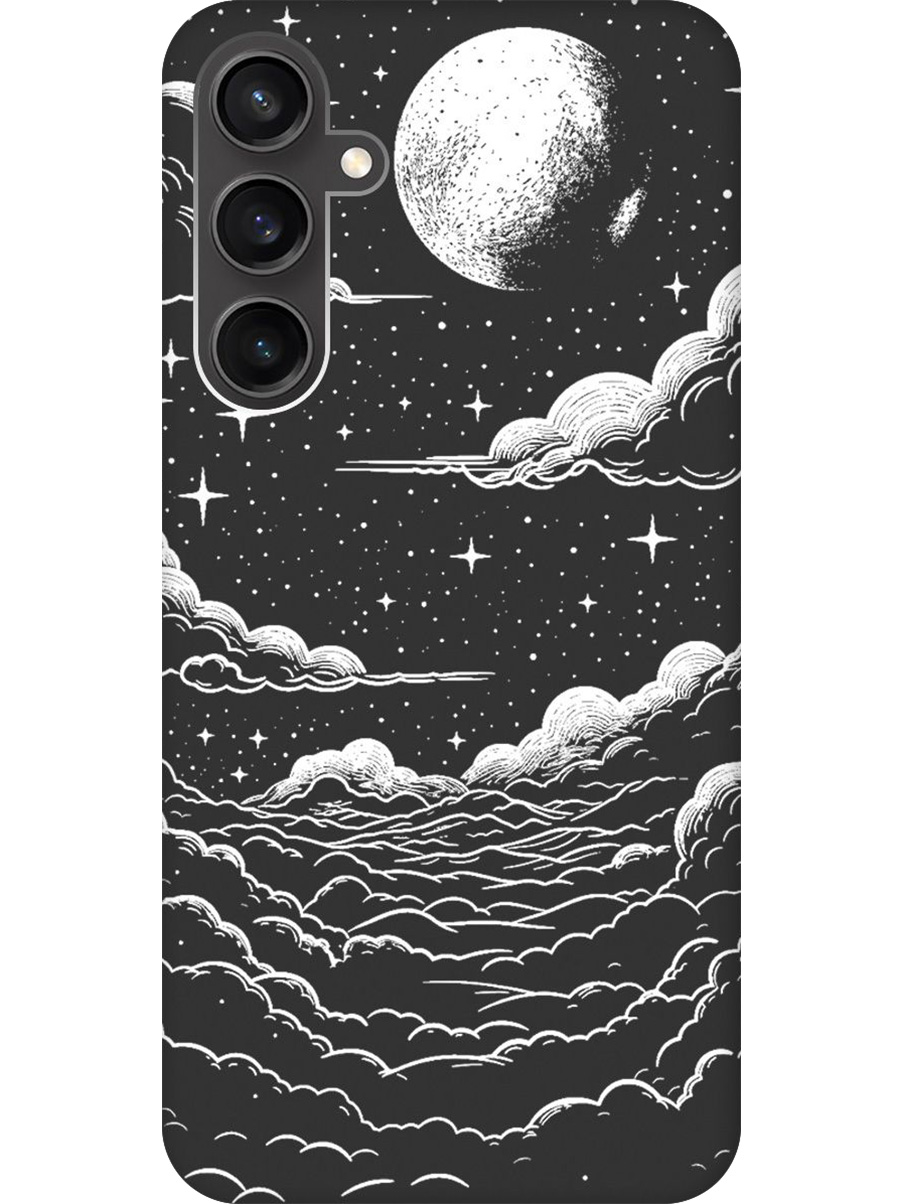 

Силиконовый чехол на Samsung Galaxy S23 FE с принтом "Луна и облака" матовый черный, Черный;белый, 776581541