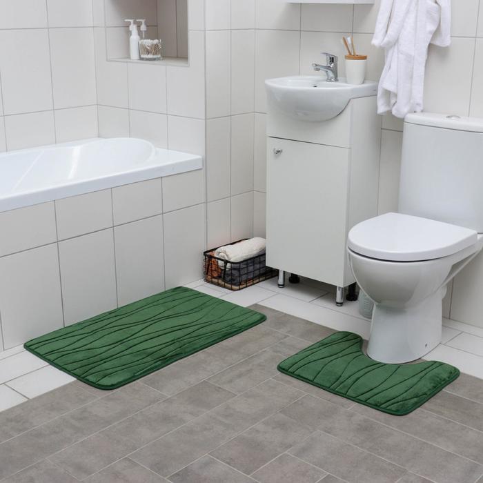 фото Набор ковриков для ванны и туалета доляна водоросли, 2 шт.: 40×50, 50×80 , зеленый