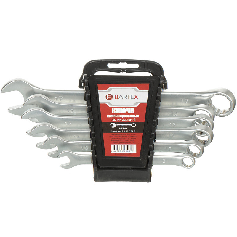 

Набор ключей комбинированный, М60, 6 пр, Bartex, 8-17 мм, матовый, CrV сталь, М60, шт, 8-17 мм, матовый, CrV сталь, М60, шт
