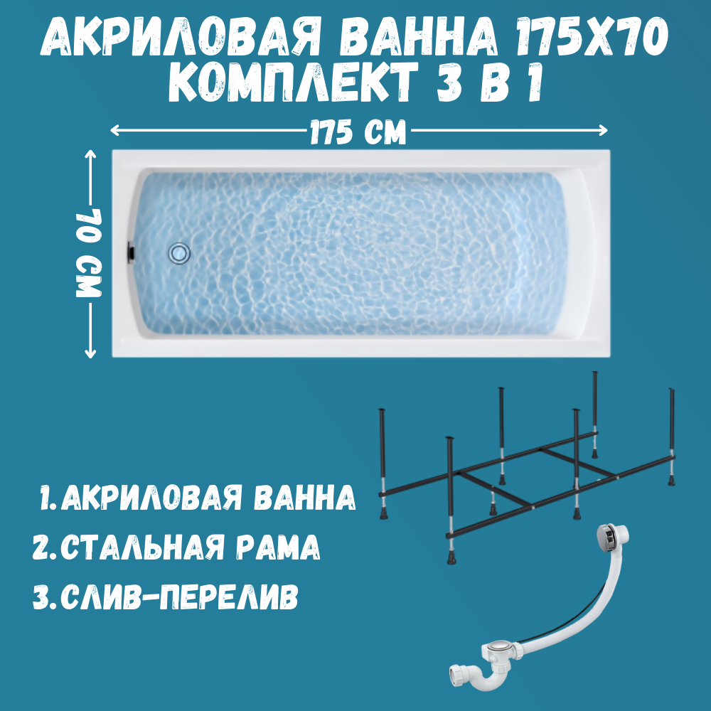 

Ванна акриловая 1MARKA MODERN 175х70, набор 3в1 c рамой, сливом, 01мод17570кс2+, Белый
