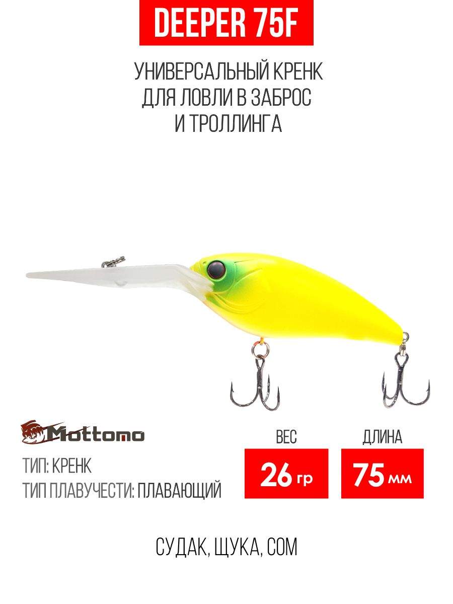 

Воблер Mottomo Deeper 75F 26g Chart Yellow, Разноцветный, Deeper