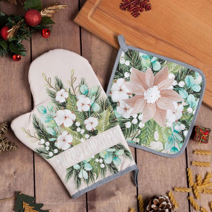 

Набор кухонный Beautiful Сhristmas варежка-прихватка 20х28 , прихватка 19х19 , 100%хл, Бежевый