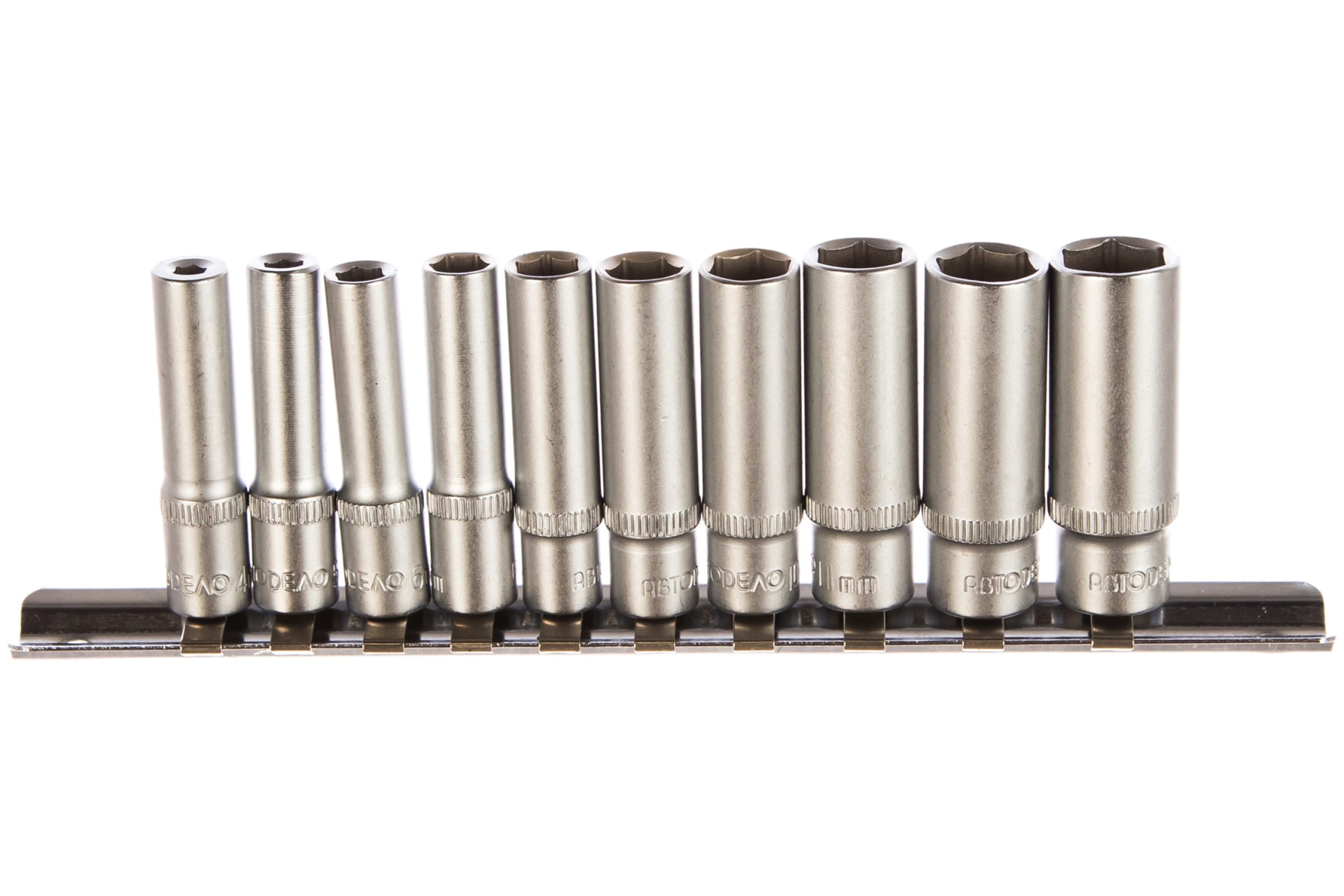 

Набор головок глубоких 1/4" 10 пр. 6 гр. 4-13 мм на планке АвтоДело, 50921t