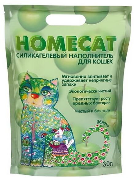 фото Впитывающий наполнитель для кошек homecat силикагелевый, яблоко, 12.09 кг, 30 л