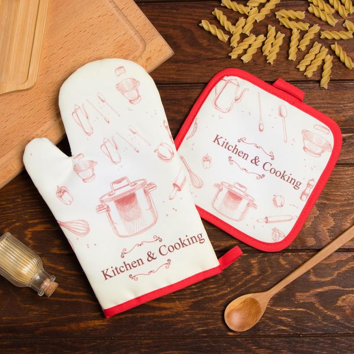 

Кухонный набор Доляна Kitchen and cooking, прихватка 17x17 , рукавица 26x16 , 100% п/э, Белый;красный