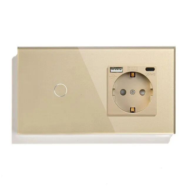Сенсорный выключатель с розеткой, 1 клавиша 1 розетка USB/Type-C, панель стекло Золотой