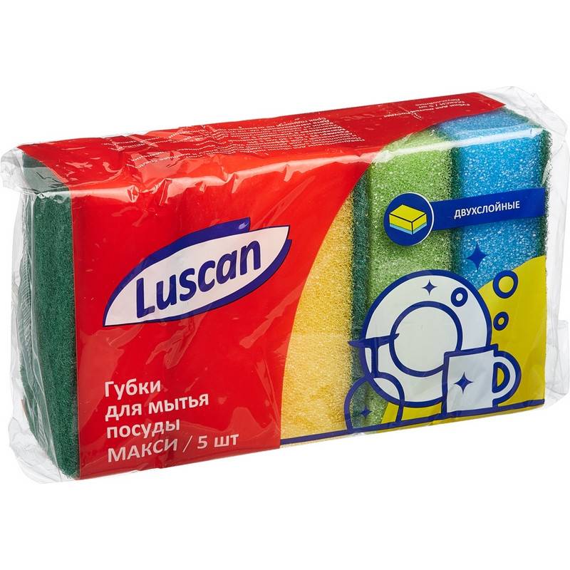 фото Губки для мытья посуды luscan макси поролоновые 95х65х30 мм 5 шт в уп luscan economy