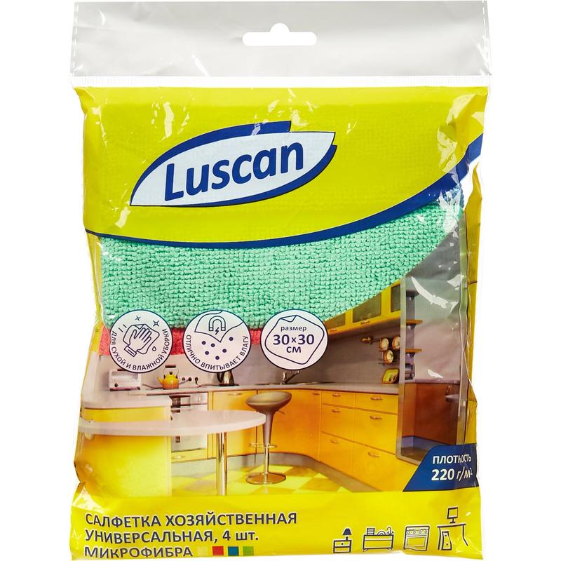 фото Салфетки хозяйственные luscan микрофибра 30х30 см 220 г/кв.м 4 штуки в упаковке, 957396