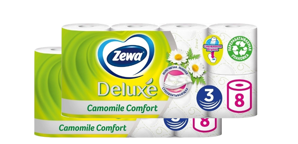 фото Туалетная бумага zewa deluxe ромашка, 3 слоя, 8 рулонов х 2 упаковки
