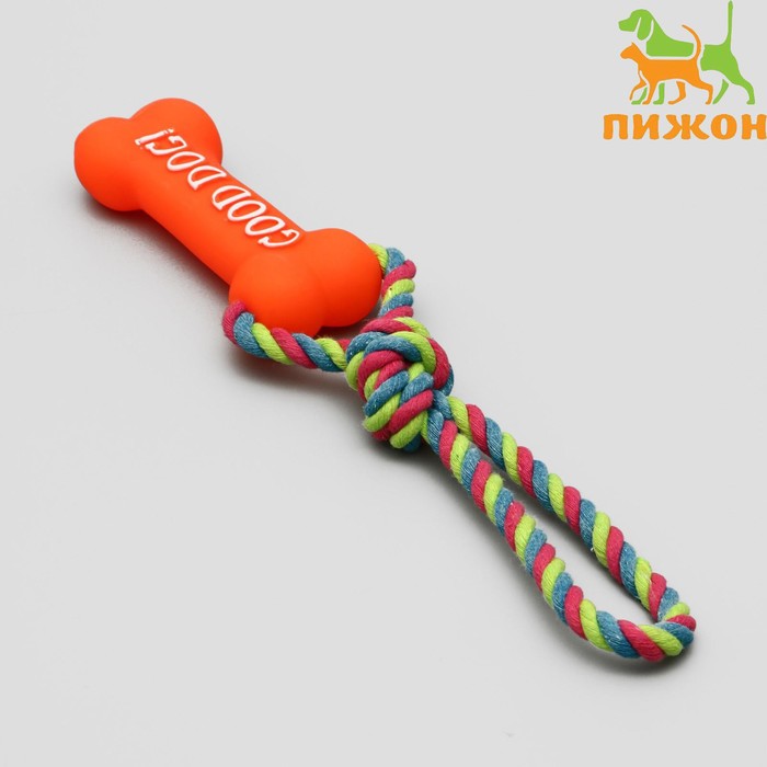 

Игрушка резиновая Кость (14 см) с ручкой из каната для собак, до 37 см, микс цветов