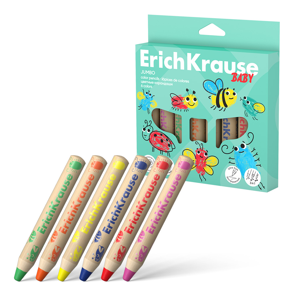 Цветные карандаши деревянные ErichKrause Baby Jumbo,61778 6 цветов с точилкой