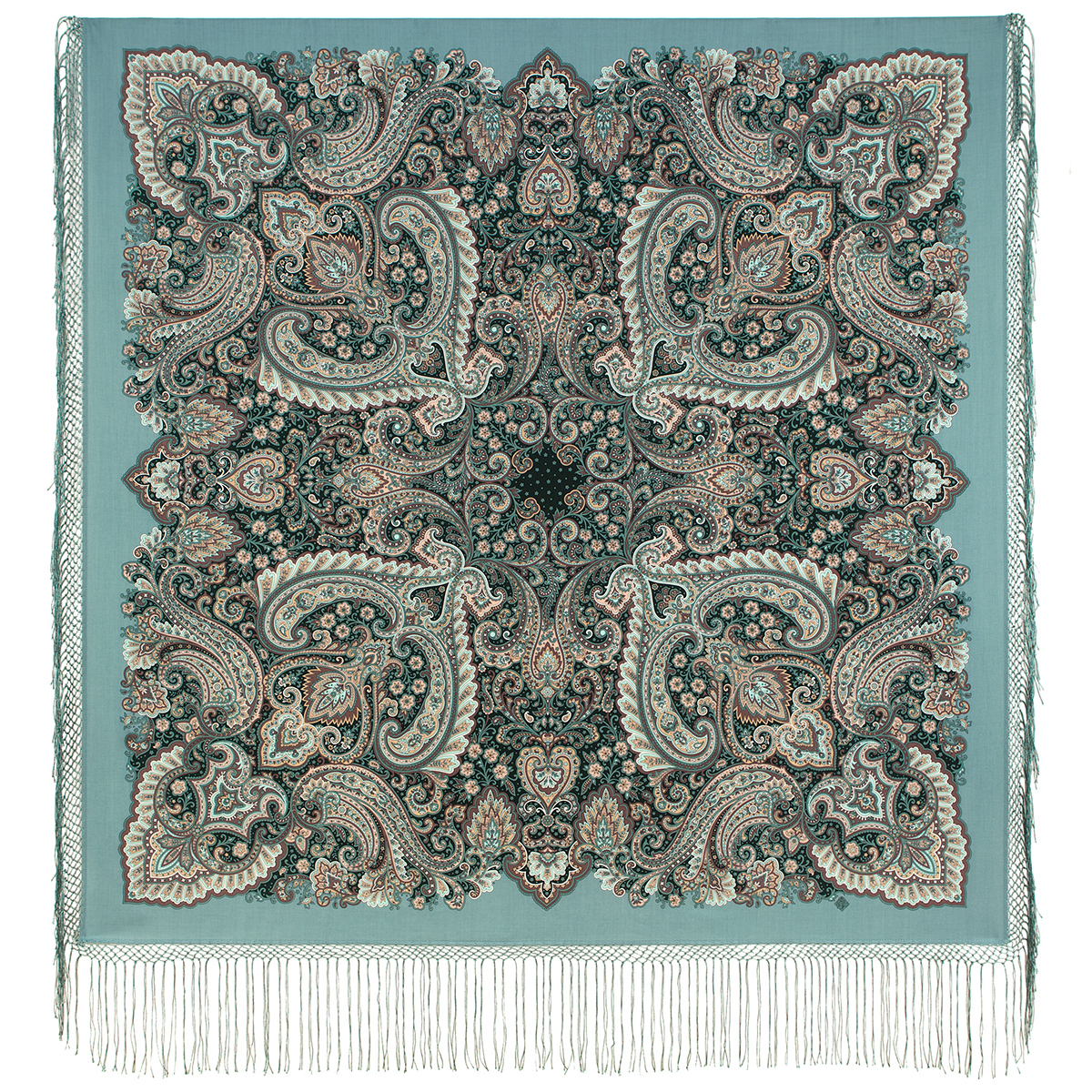 Платок женский Павловопосадский платок 1963 серо-зеленый, 148х148 см