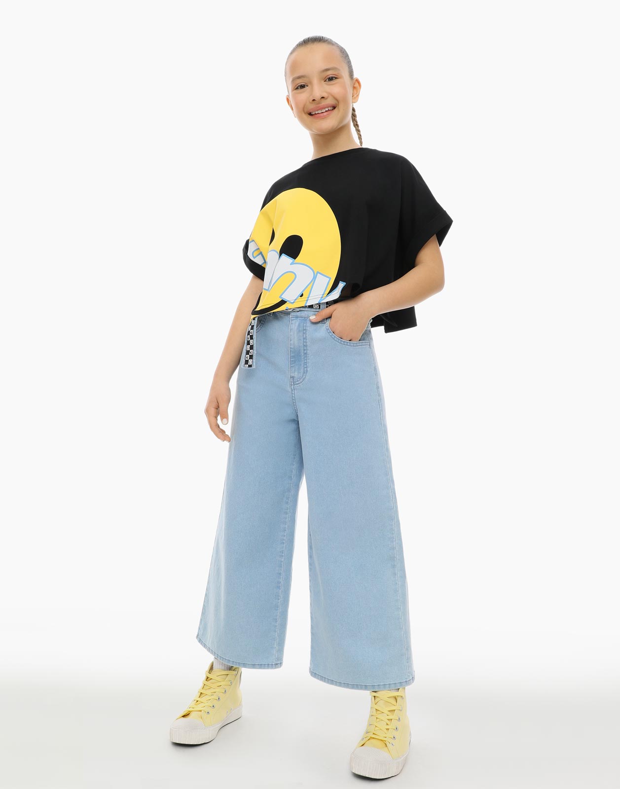 

Голубые джинсы Wide Leg с поясом для девочки р.158, Голубой, GJN027876