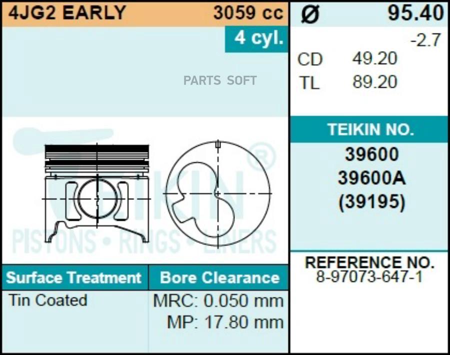 

Поршень без колец TEIKIN 39600std Isuzu 4jg2 d95.4 std