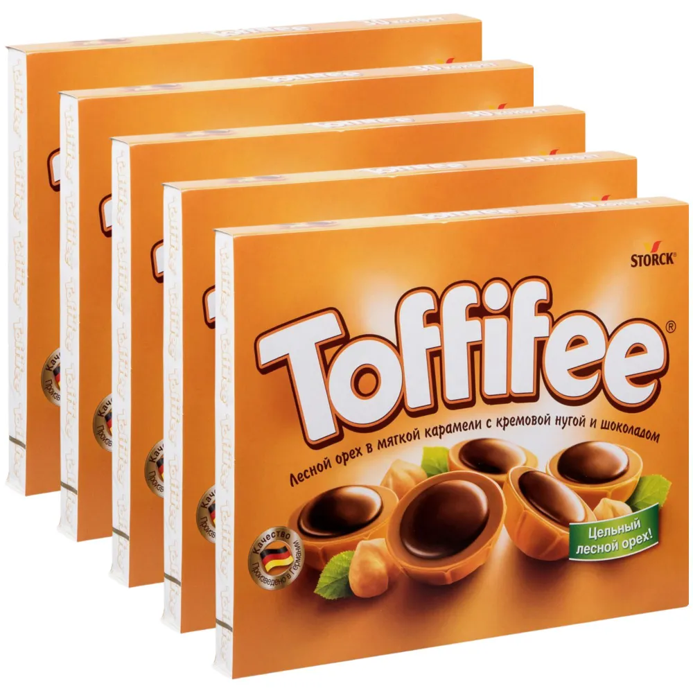 Конфеты шоколадные в коробке Toffifee, с лесным орехом в карамели с нугой и шоколадом, 5 ш