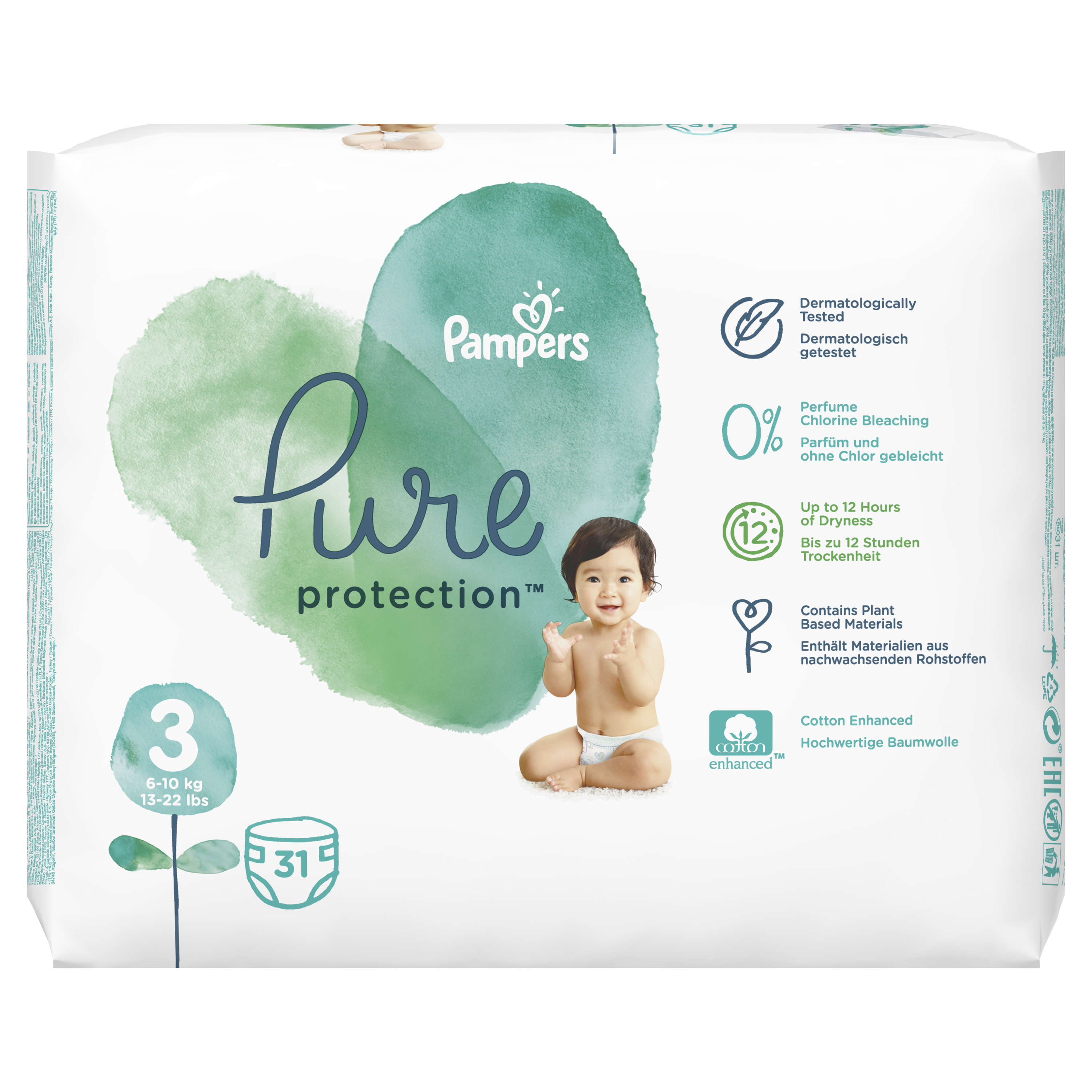 фото Подгузники pampers pure protection 6-10 кг, размер 3, 31 шт.