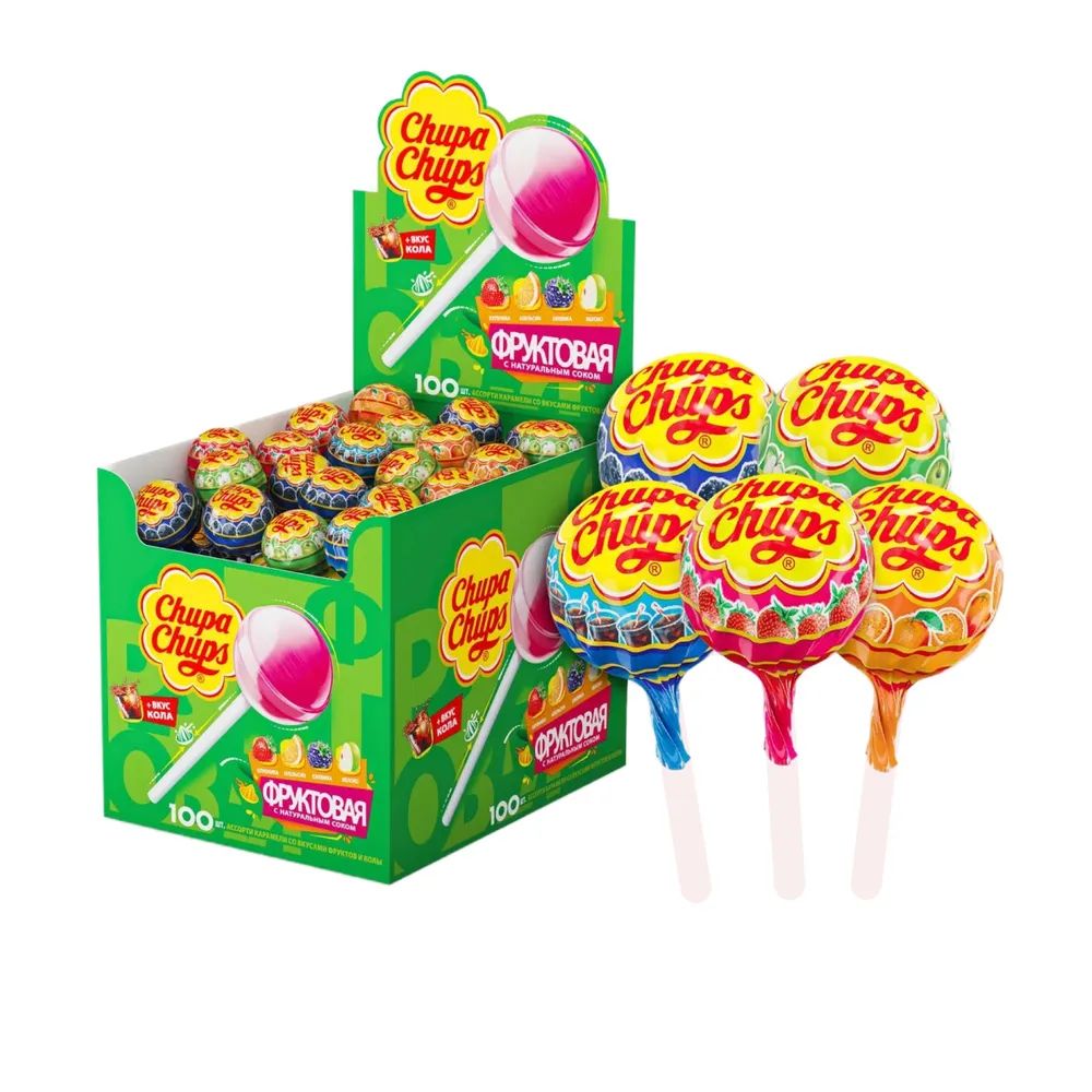 

Chupa Chups / Карамель на палочке Фруктовая + кола ассорти 100шт по 12 г / Чупа-чупс