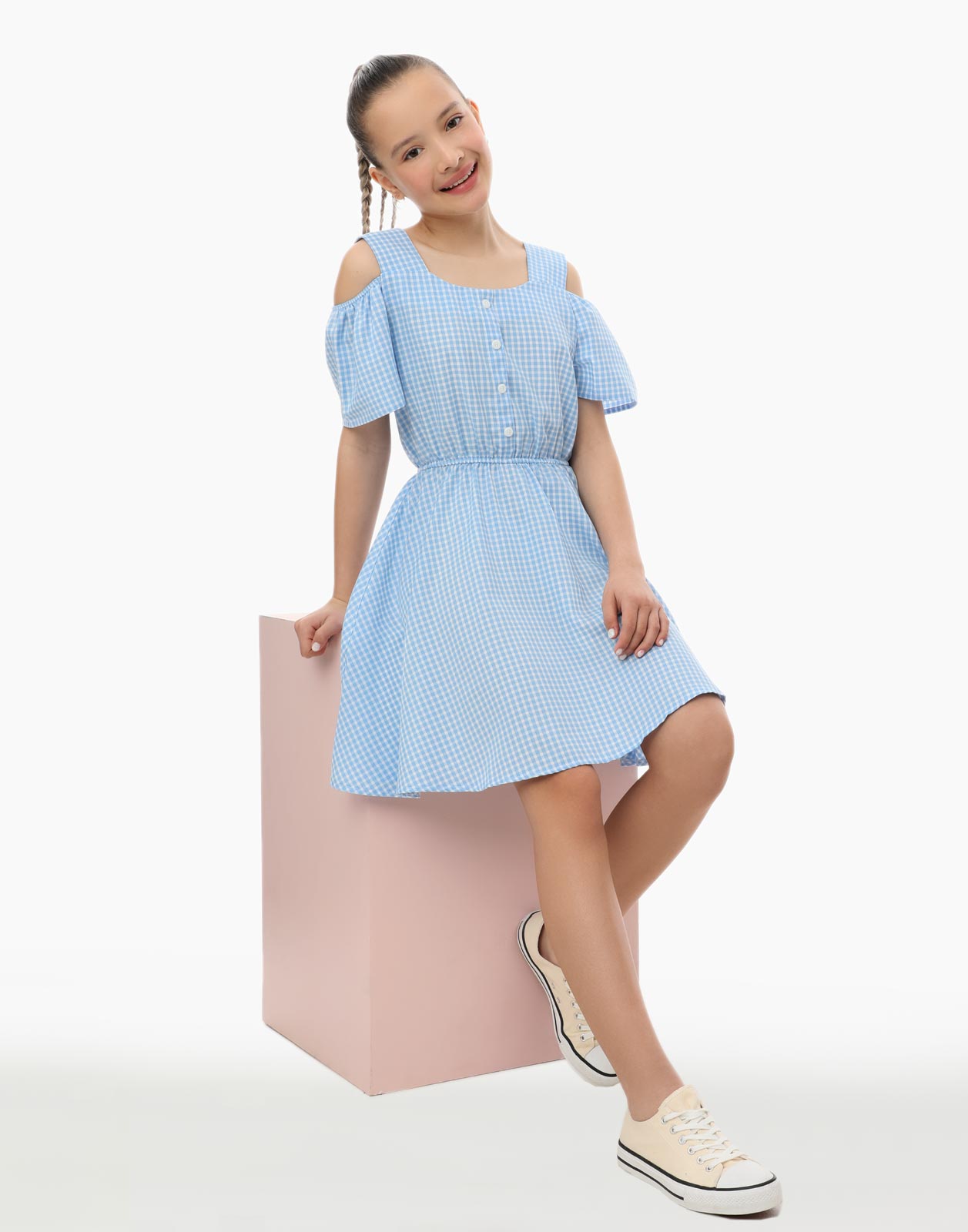 Голубое платье в клетку с открытыми плечами для девочки 11-12л/152 (38)