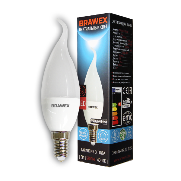 Упаковка светодиодных ламп Brawex свеча на ветру 7Вт 4000К B35 Е14 707Q-B35-7N 10шт
