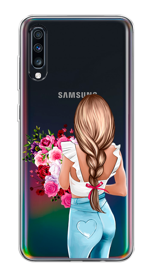 

Чехол на Samsung Galaxy A70 "Девушка с цветами", Коричневый;розовый;голубой, 28150-6