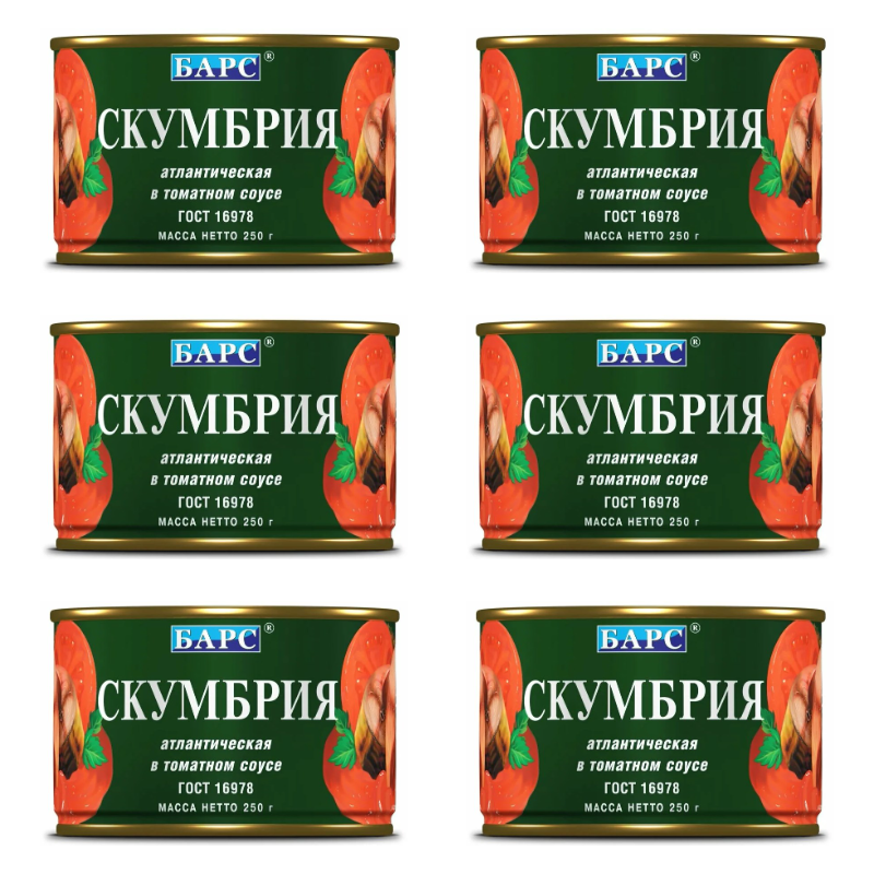 

Скумбрия атлантическая Барс в томатном соусе, 250 г х 6 шт