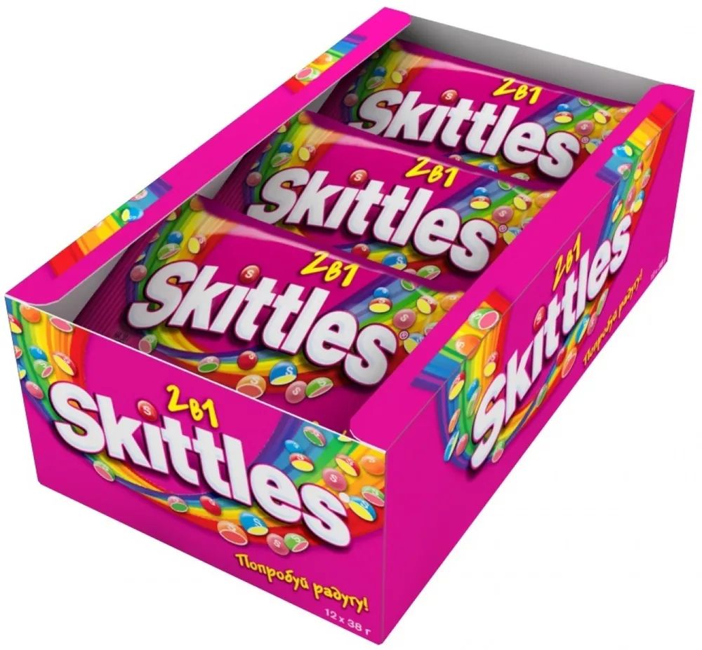 Драже Skittles 2в1, в разноцветной глазури, 12 шт по 38 г