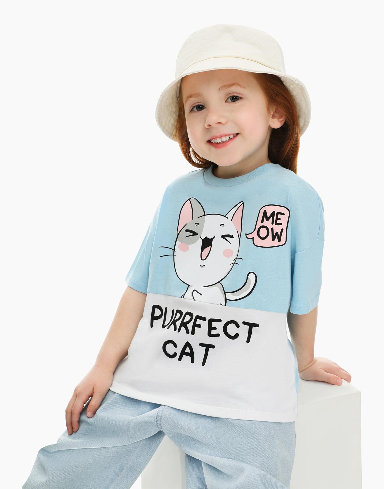 Голубая футболка superoversize с котиком для девочки 7-8л/128